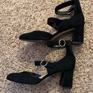 Ann Taylor Black Suede Double-Ankle Strap Block Heel Pumps